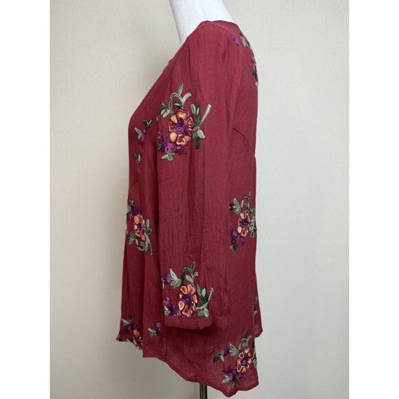 Figueroa & Flower Anthropologie Top Tunic Sz L Womens Maroon Boho Blouse Peasant - Picture 8 of 15